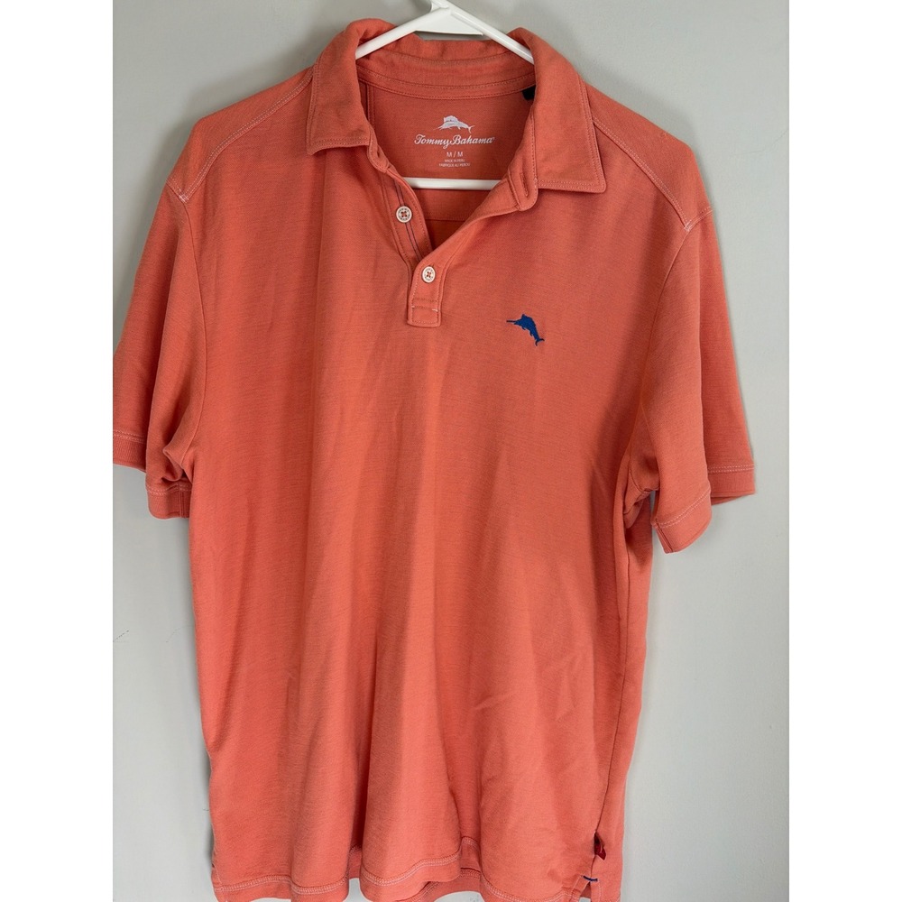 Tommy Bahama Mens Emfielder Polo Shirt Coral Orange Pima Cotton Blend Medium